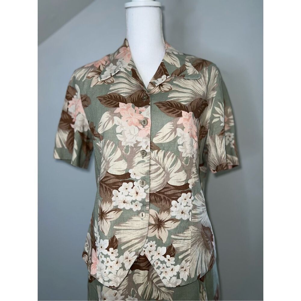 Women’s Linen Floral Button Down Set Hawaiian Tropical Skirt & Top